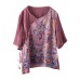 Style Pink Print Side Open tie Summer Linen Blouses Half Sleeve