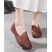 Casual Hollow Out Flat Feet Shoes Khaki Cowhide Leather Embossed Flats Shoes