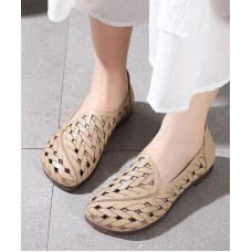 Casual Hollow Out Flat Feet Shoes Khaki Cowhide Leather Embossed Flats Shoes