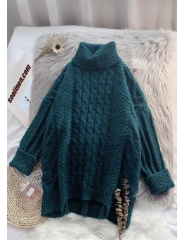 Oversized high neck  green knit tops plus size asymmetric hem crane tops