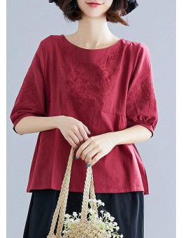 Art o neck embroidery cotton Blouse Sewing burgundy shirt summer