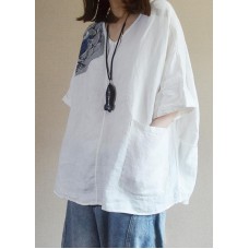 Organic White V Neck Print asymmetrical design Fall Half Sleeve Shirt Tops