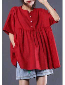 Organic o neck cotton shirts red short tops summer