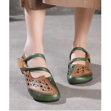 Stylish Splicing Loafers Green Genuine Leather Flat Sandals