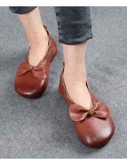 Elegant Chocolate Bow Cowhide Flat Shoes For Women