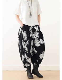 Women White Print Elastic Waist Cotton Pants