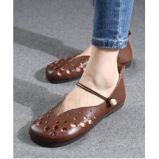 Cowhide Chocolate Leather Flat Shoes For Women Hollow Out Flat Shoes