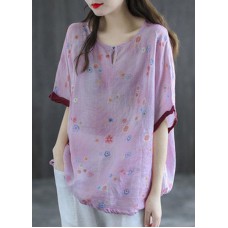 Casual Pink Print Patchwork Summer Linen Shirt Half Sleeve