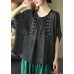 Chic Black O-Neck Embroideried Summer Ramie Half Sleeve