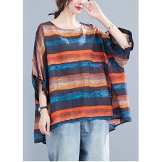 Plus Size Orange Bat wing Sleeve O-Neck asymmetrical design Fall Striped Top