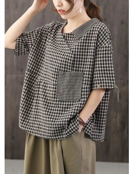 Casual Black Asymmetrical Plaid Cotton Blouses Half Sleeve