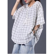 Elegant white plaid linen Tunic Cotton o neck summer shirt