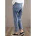 Unique Denim Dark Blue High Waist Spring Elastic Waist Pattern Wild Pants