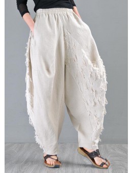 Plus Size Beige Pockets Cotton Linen Radish trousers Pants Summer