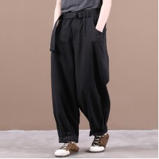 New loose large size literary belt pure black casual pants women